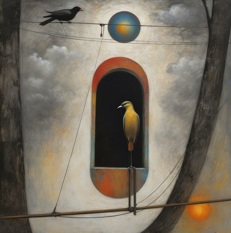 Birds on Power Lines with Abstract Background Elements