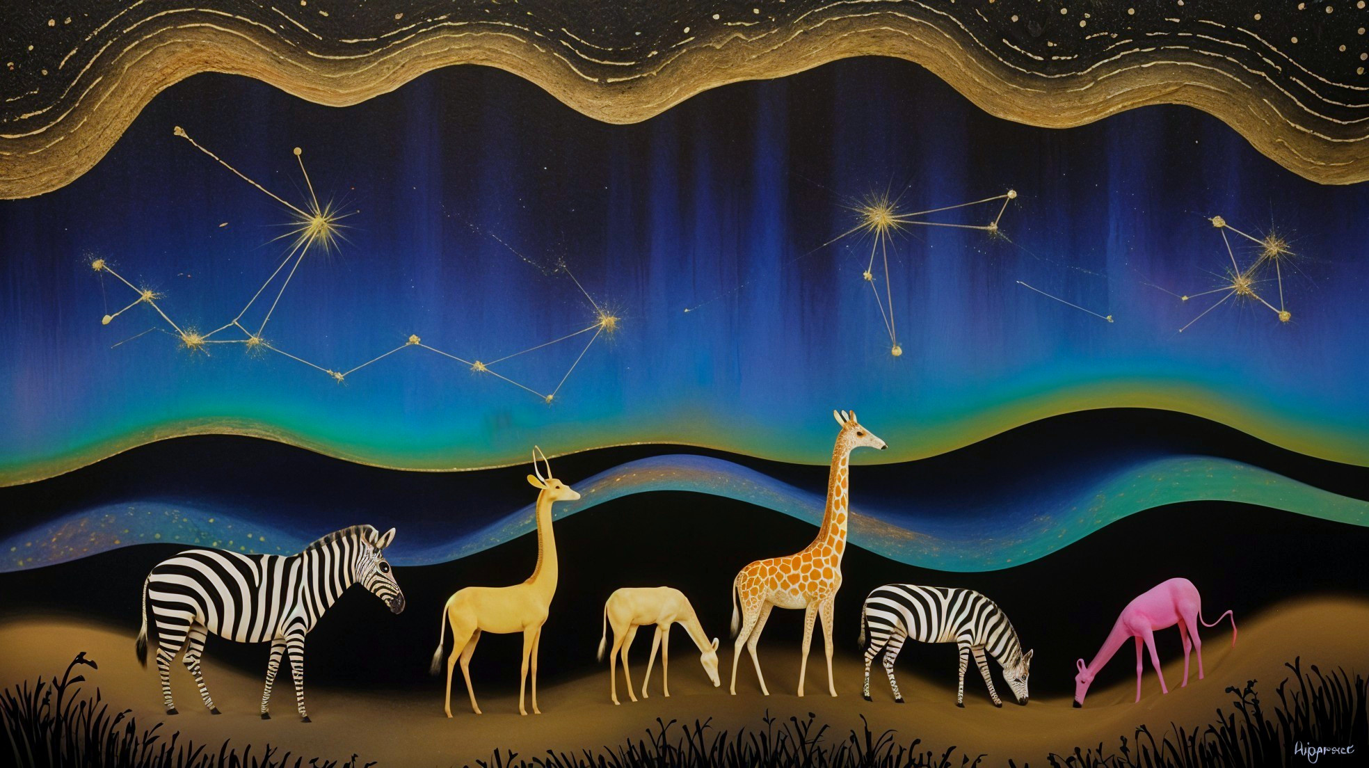 Whimsical Animals Under a Starry Night Sky