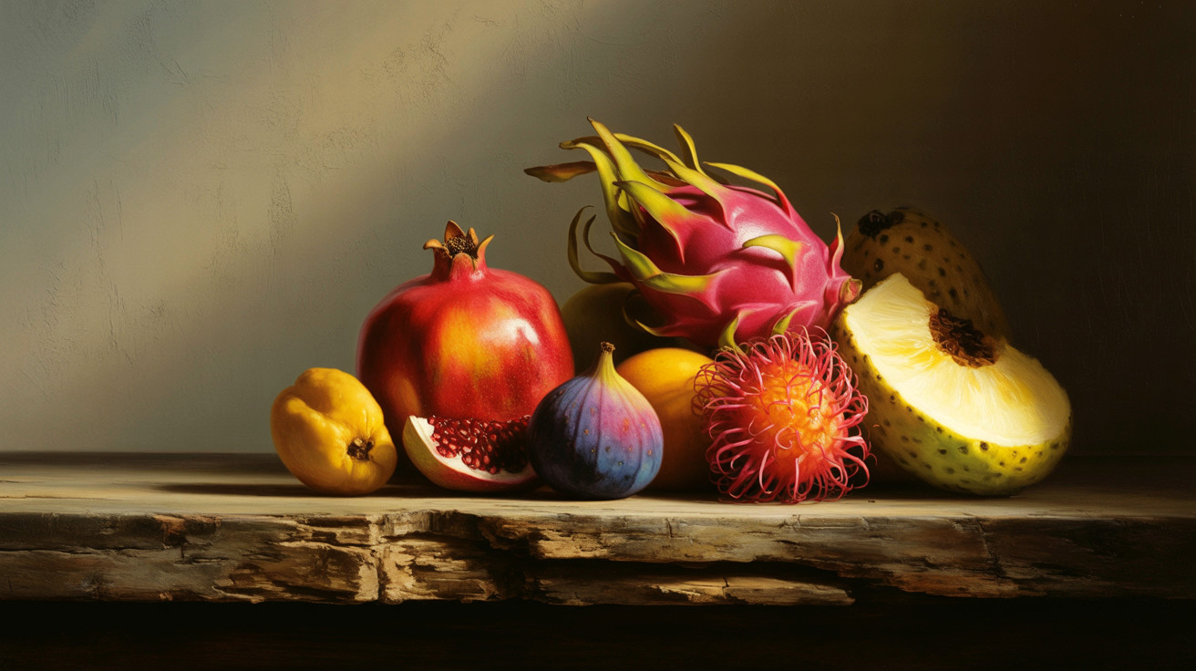Exotic Fruits Still Life on Rustic Wooden Surface