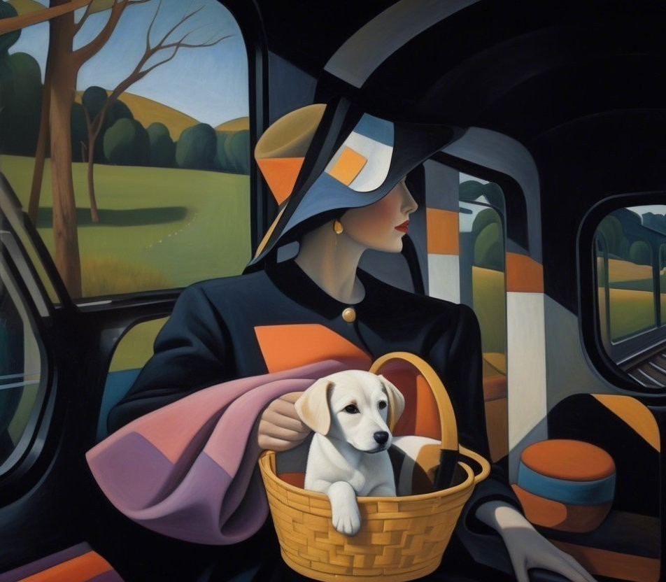 Woman in stylish hat with puppy on train journey