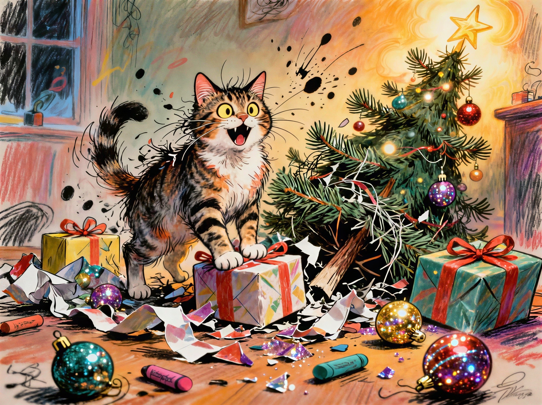 Whimsical Watercolor Illustration of a Cat and Christmas Tree