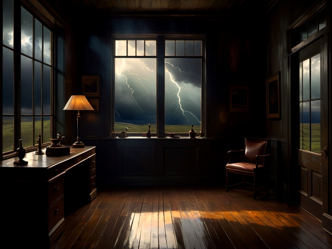 Dimly Lit Room with Desk, Chair, and Stormy Windows