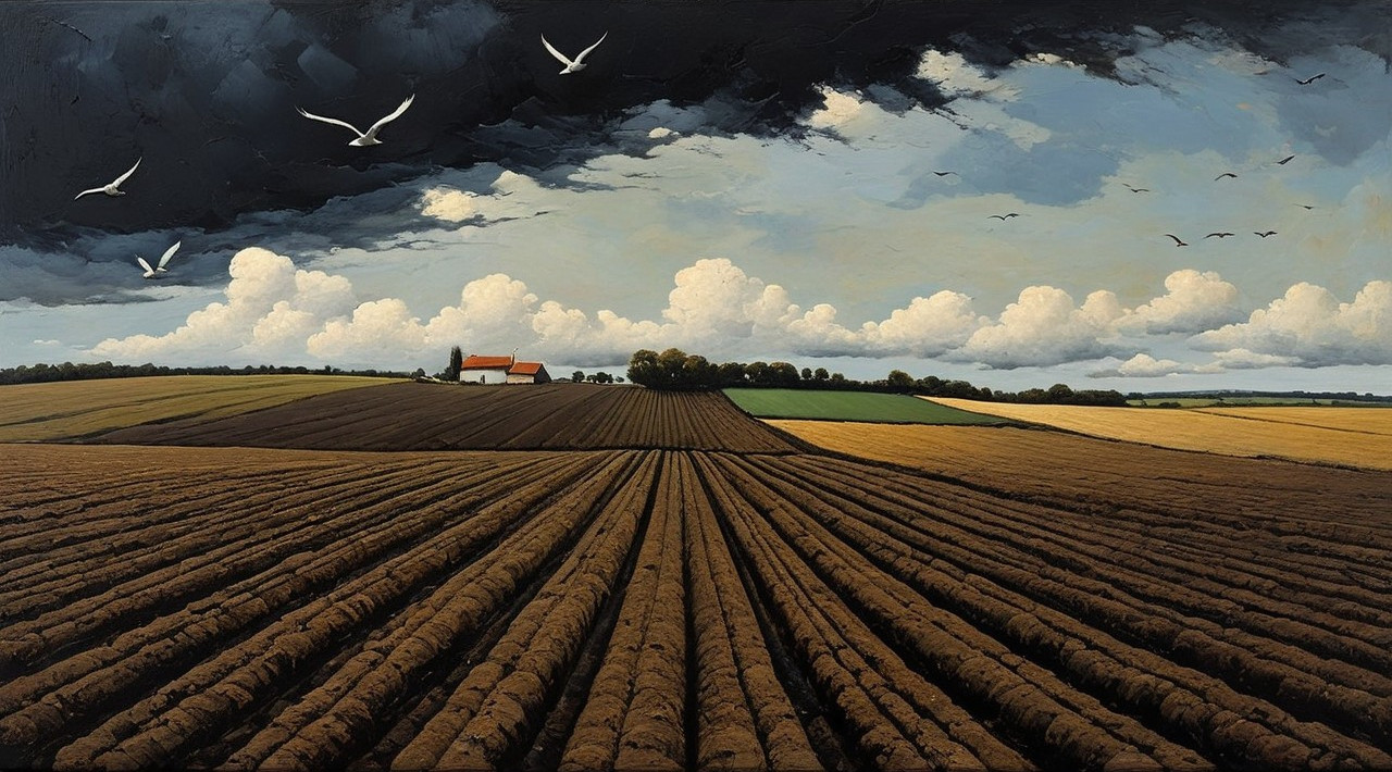 Vibrant Agricultural Landscape with White House and Clouds