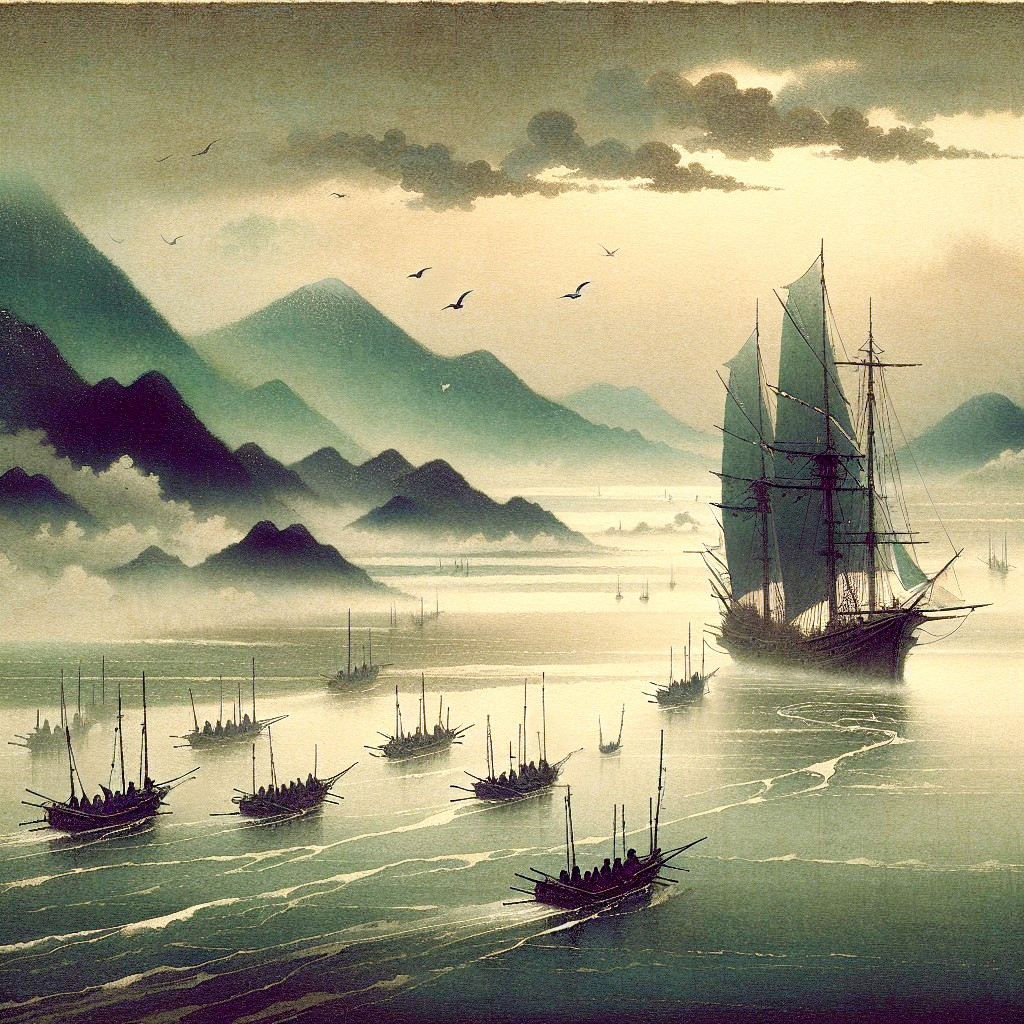 Tall Ship Sailing Through Misty Mountains and Calm Waters