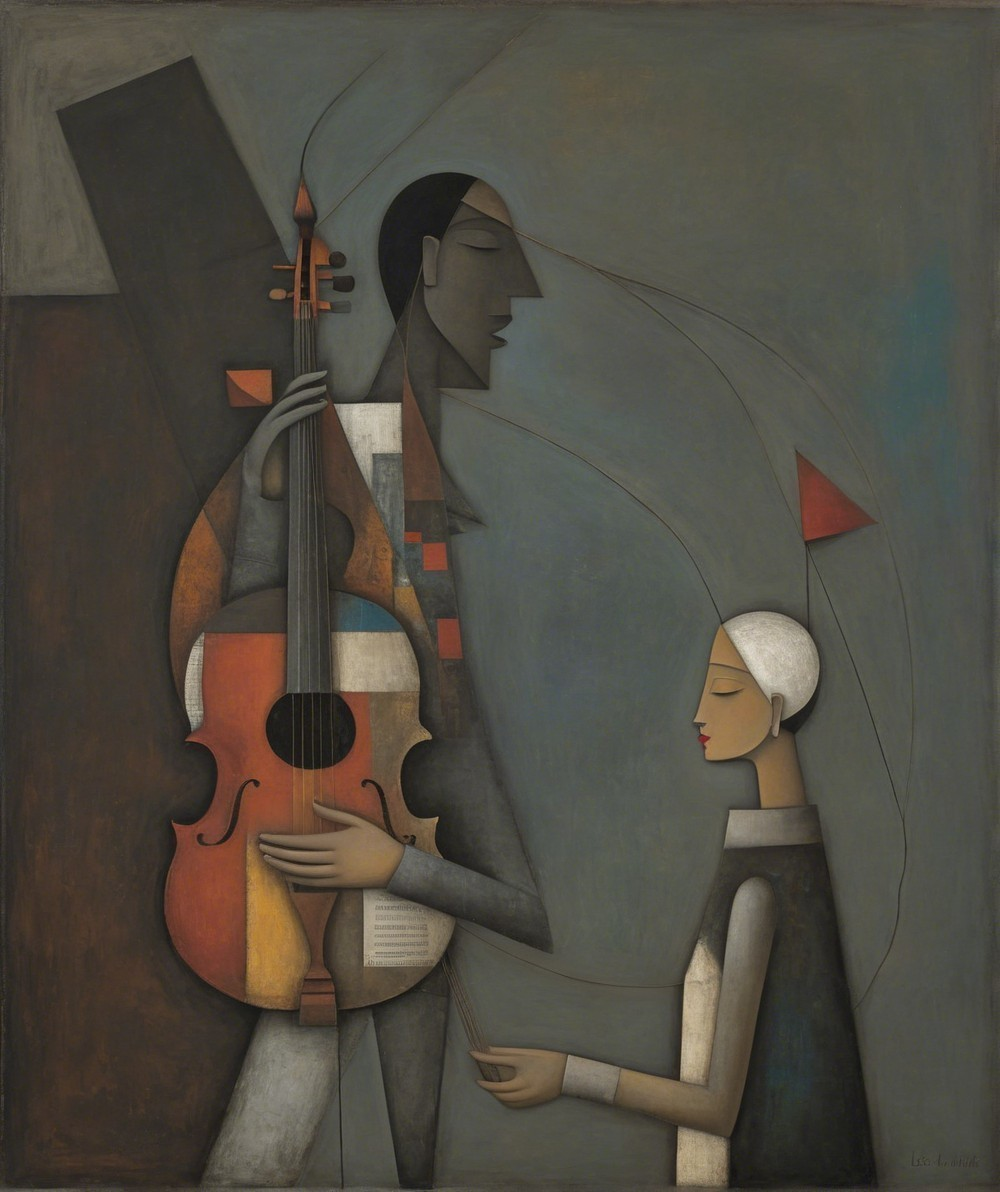 Stylized Couple with Guitar in Serene Palette