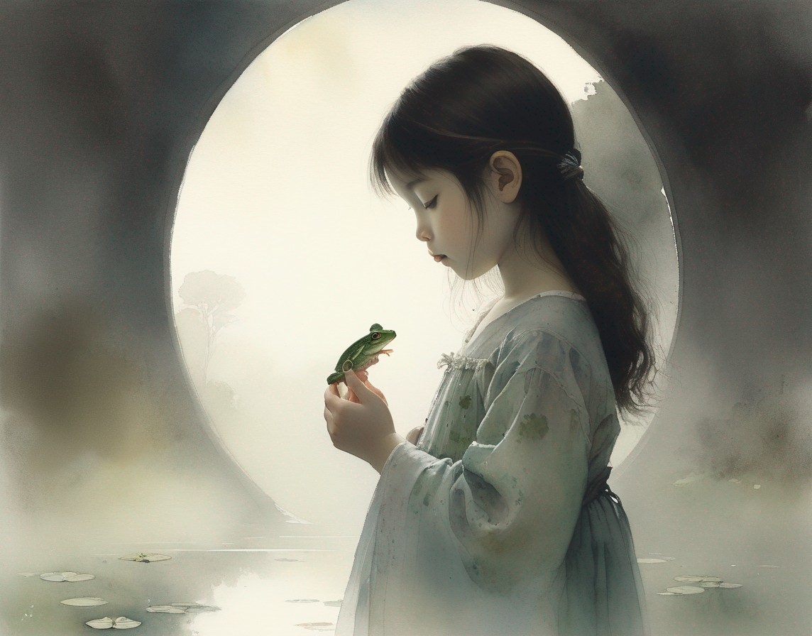 Young girl observing frog in serene landscape setting
