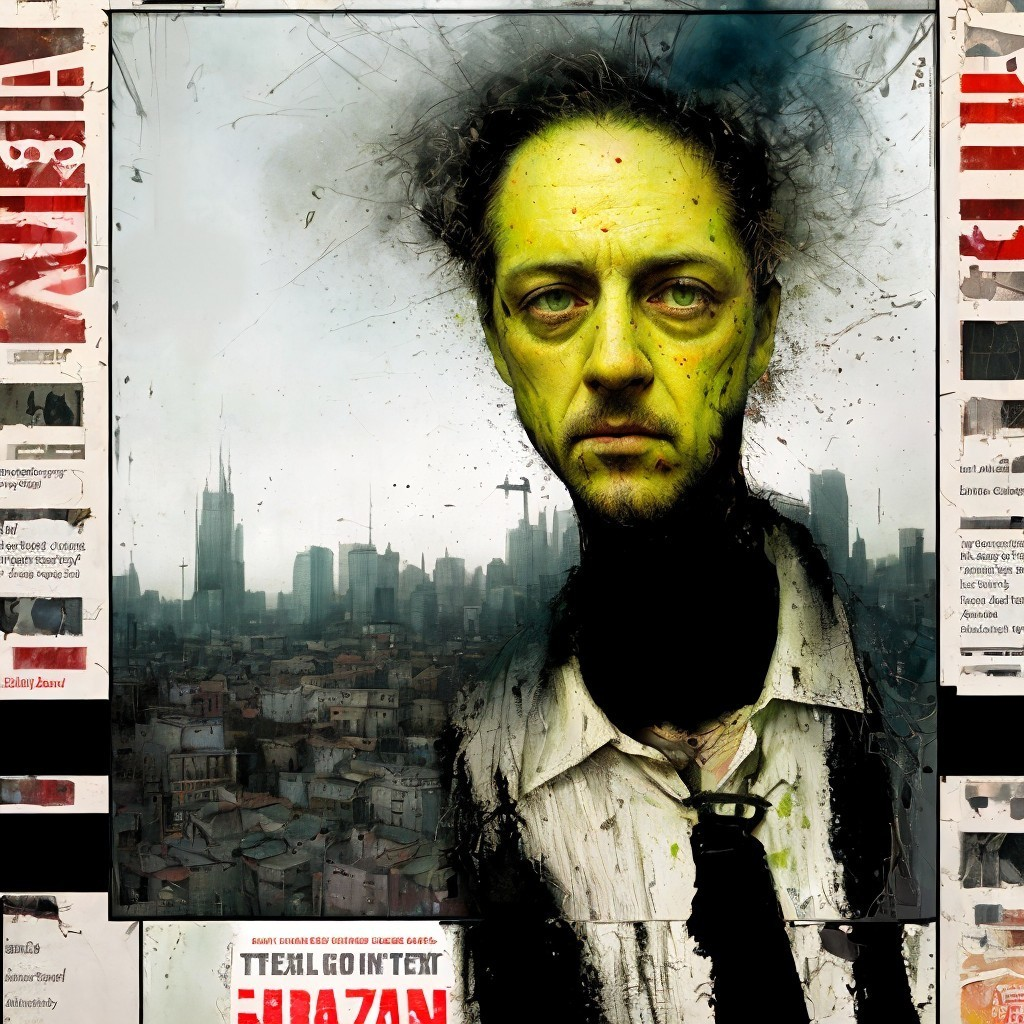 Surreal Portrait of a Man in a Chaotic Urban Setting