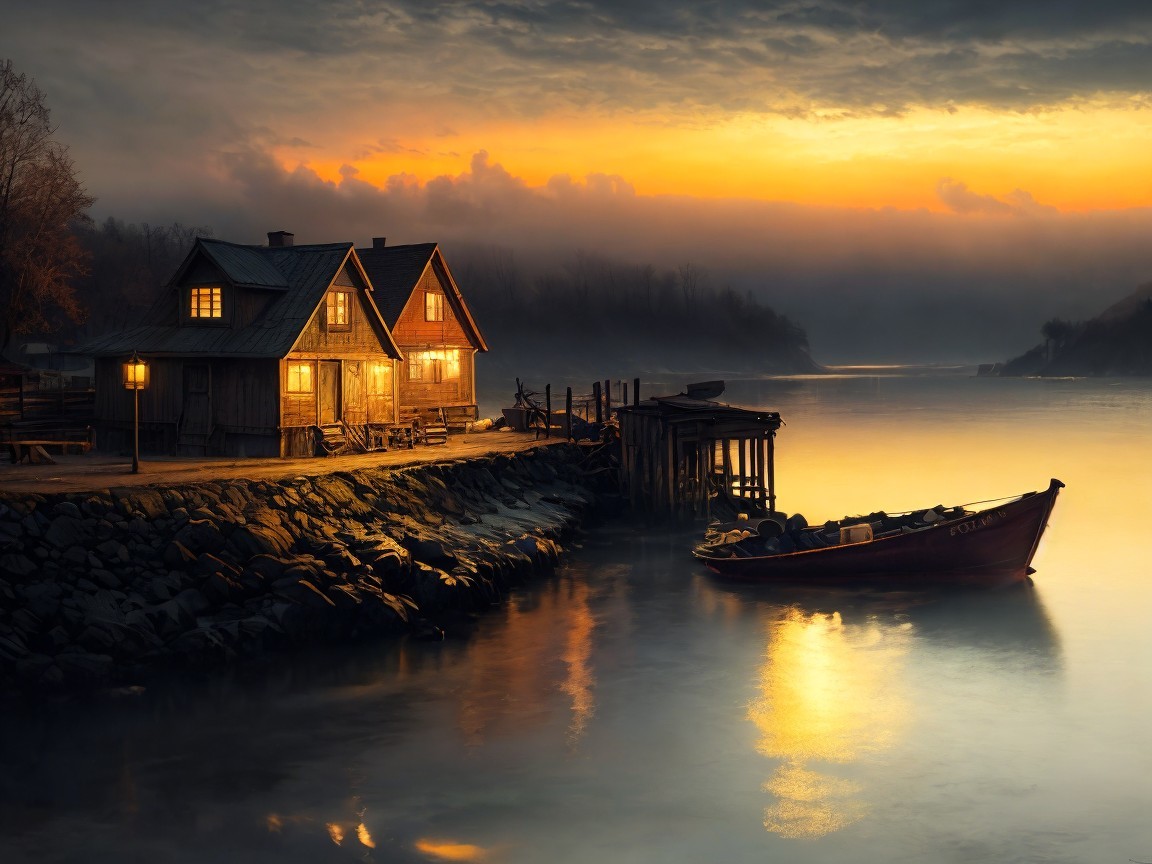 Tranquil Evening Scene of Cottages by a River