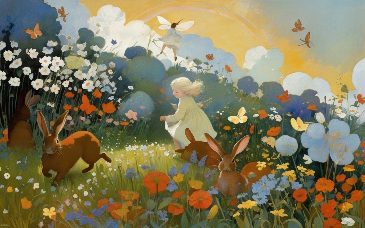 Whimsical Garden Scene with Girl and Magical Elements
