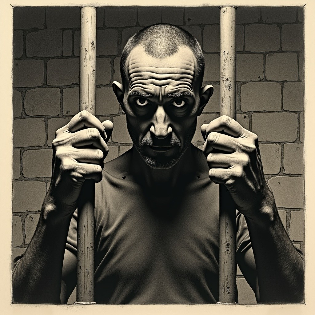 Man Gripping Prison Bars with Intense Expression
