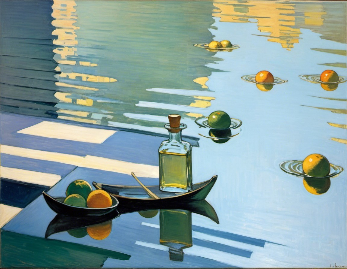 Serene Water Scene with Boat and Floating Oranges