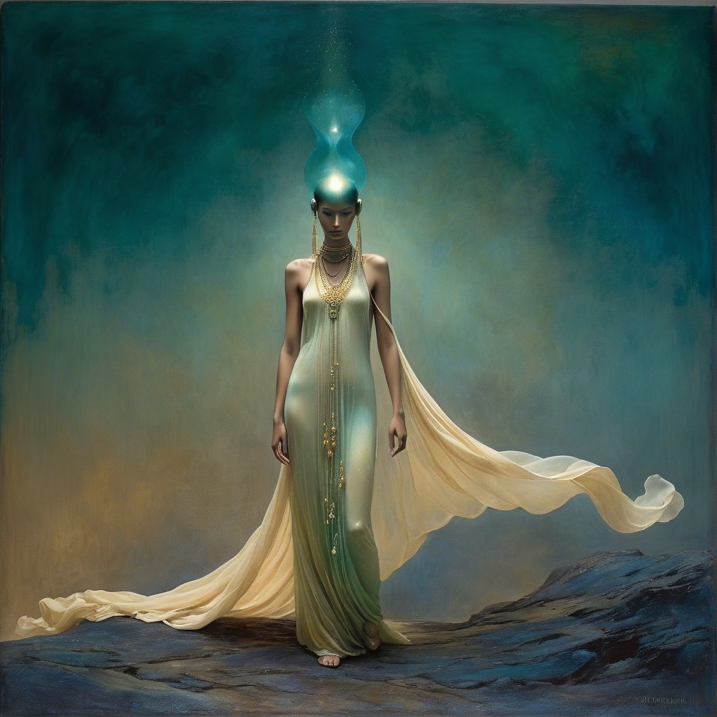 Mystical Figure in Translucent Gown with Ethereal Glow