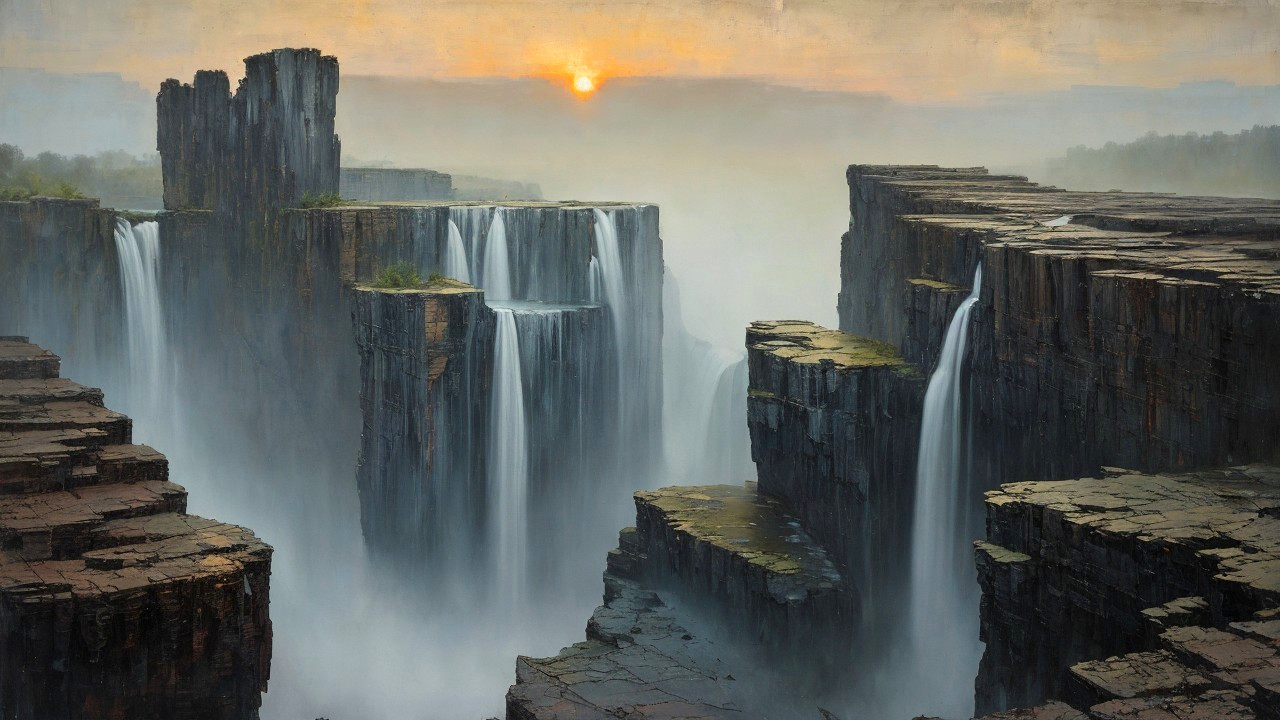Majestic Waterfalls and Rugged Cliffs at Sunrise