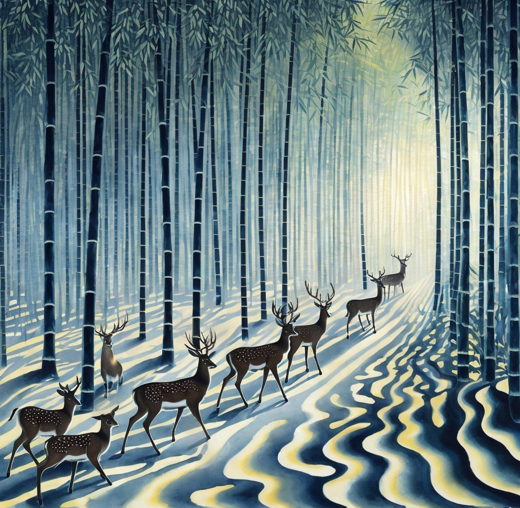 Bamboo Forest Scene with Deer and Tranquil Stream