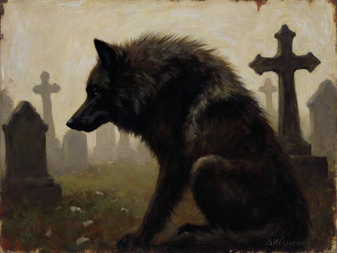 Dark Wolf in Misty Graveyard with Tombstones