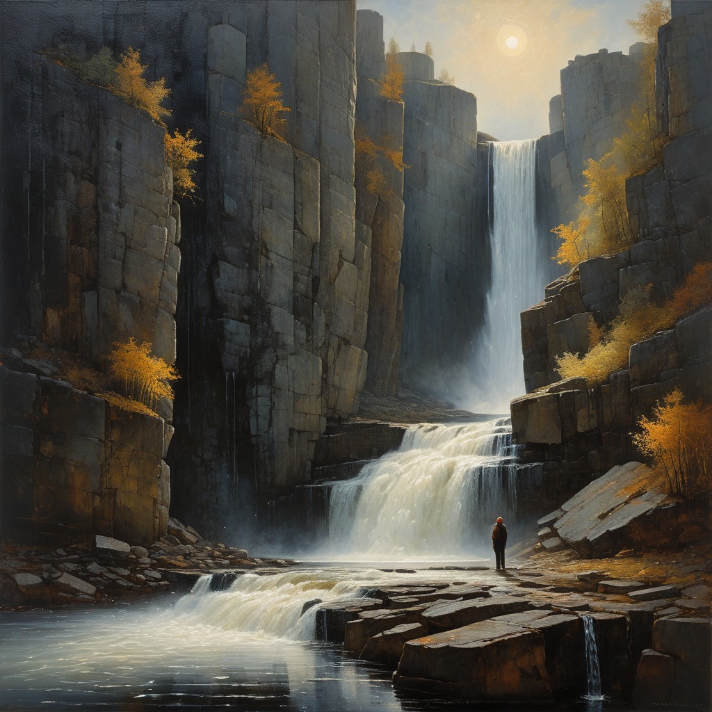 Serene Landscape with Waterfall and Autumn Trees