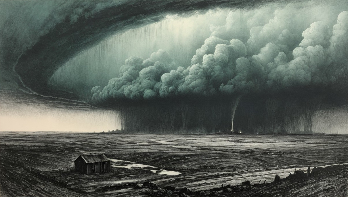 Dramatic Landscape with Storm Cloud and Cabin