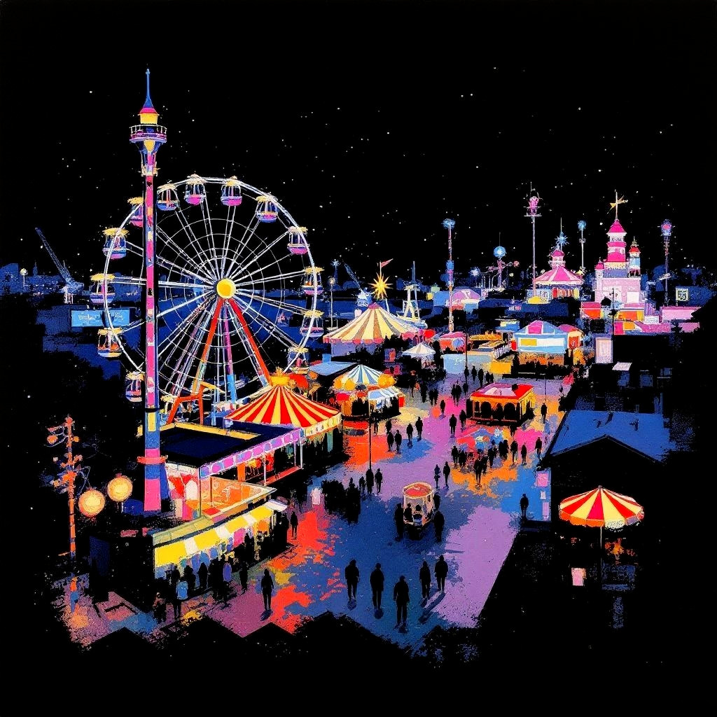 Vibrant Neon Carnival Scene with Ferris Wheel at Night