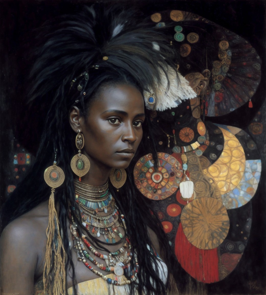 Portrait of a figure with dreadlocks and intricate patterns