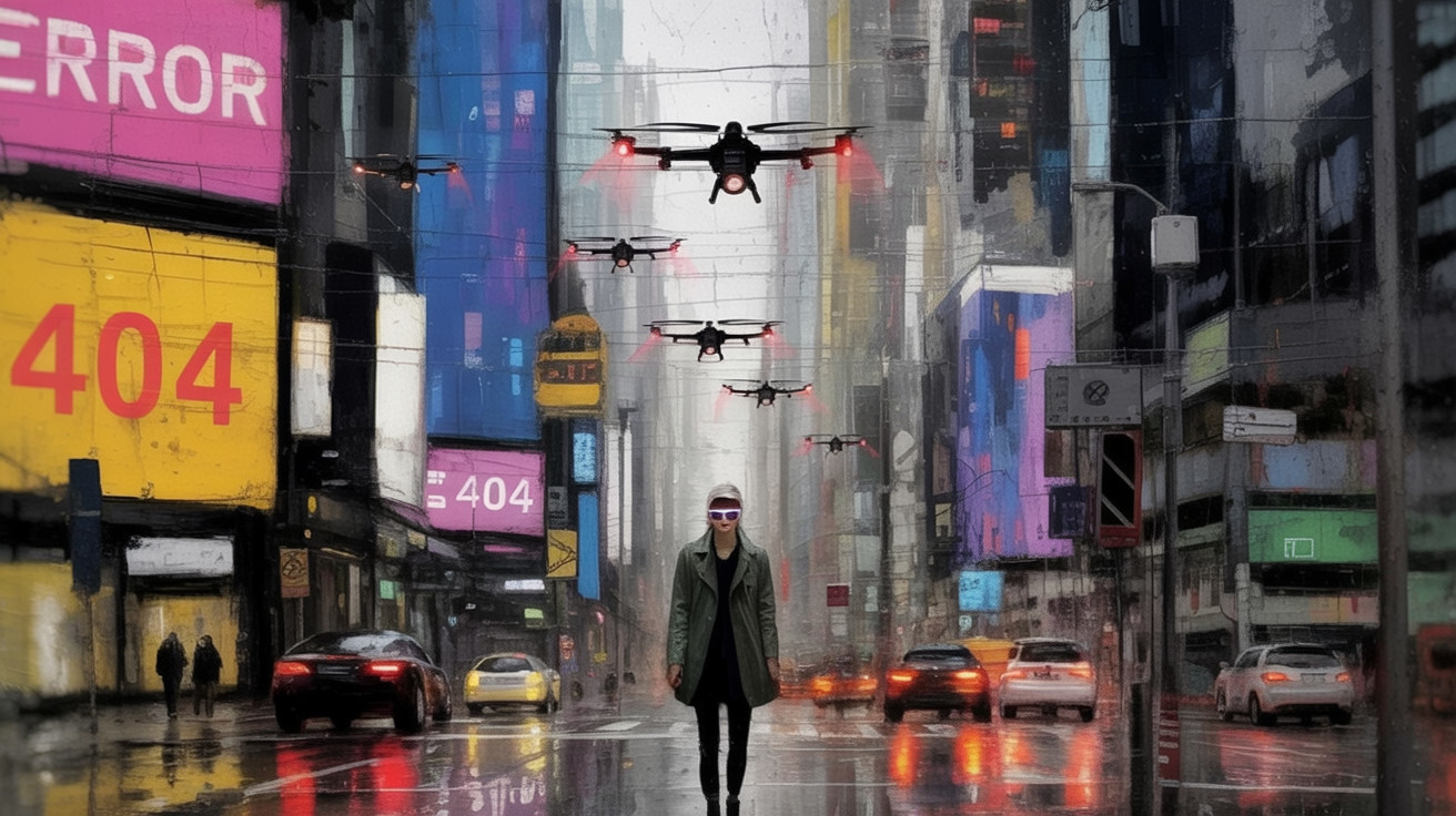 Futuristic Urban Landscape with Neon Signage and Drones