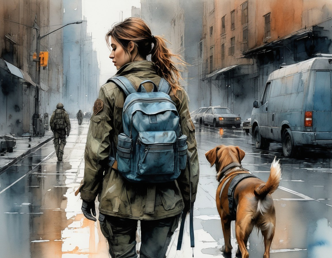 Woman in military attire walking dog on city street