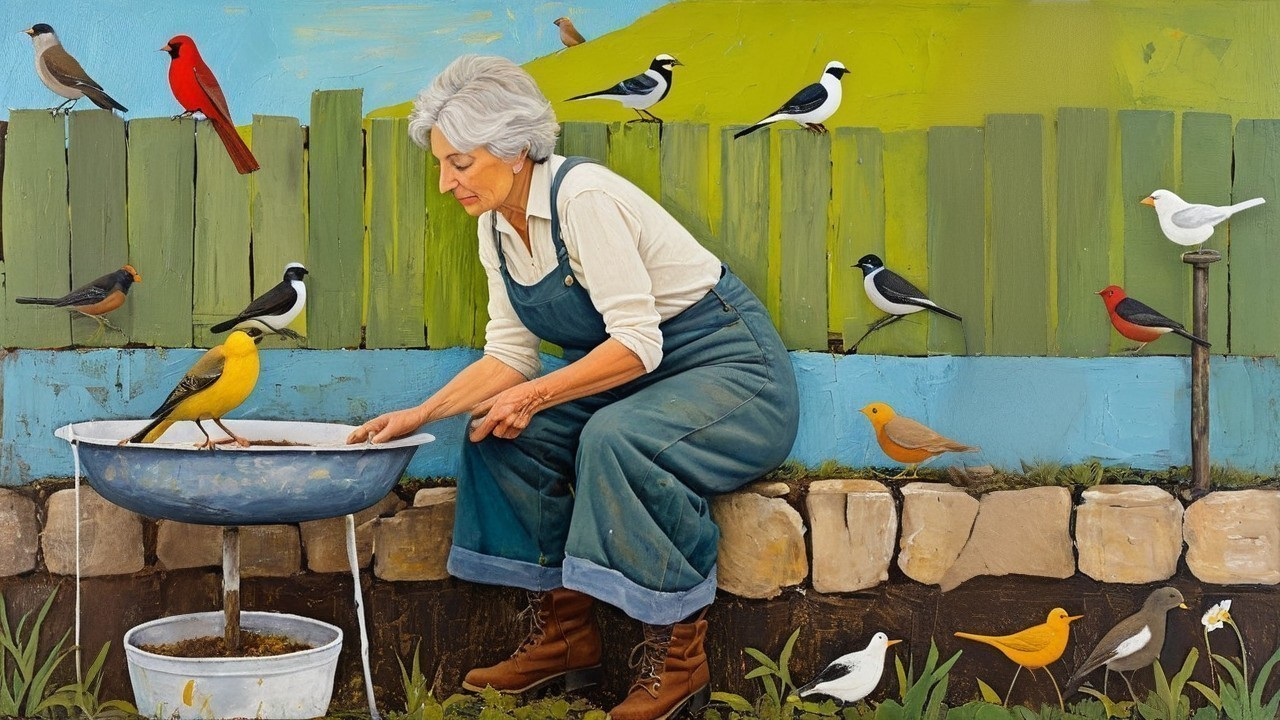 Woman in Overalls Feeding Birds in a Garden Setting