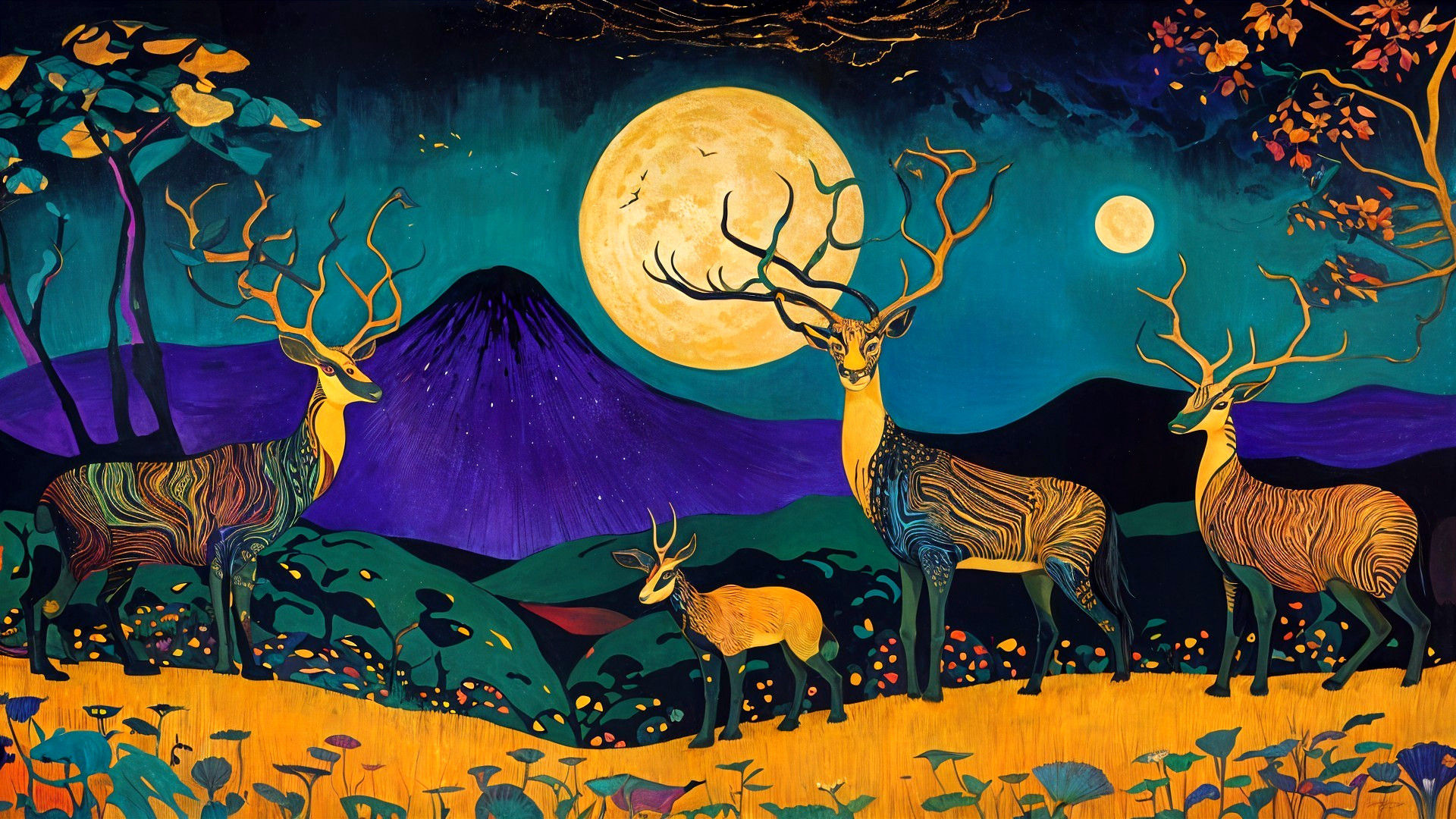 Whimsical Scene of Deer in a Colorful Landscape
