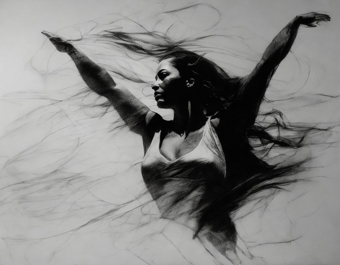 Black and White Drawing of a Graceful Dancer in Motion