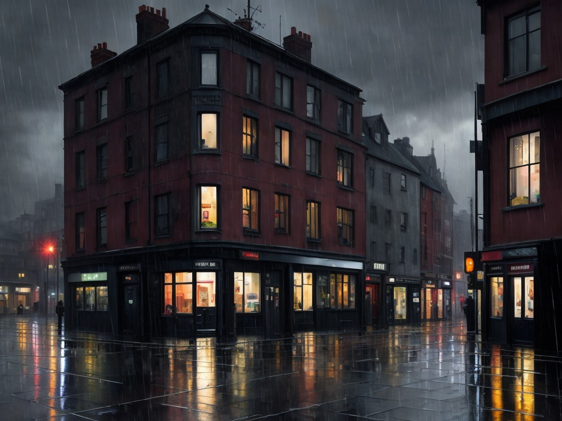 Rainy City Street with Red-Brick Building and Reflections