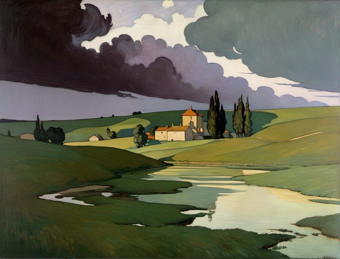 Serene Countryside Landscape with Dramatic Sky