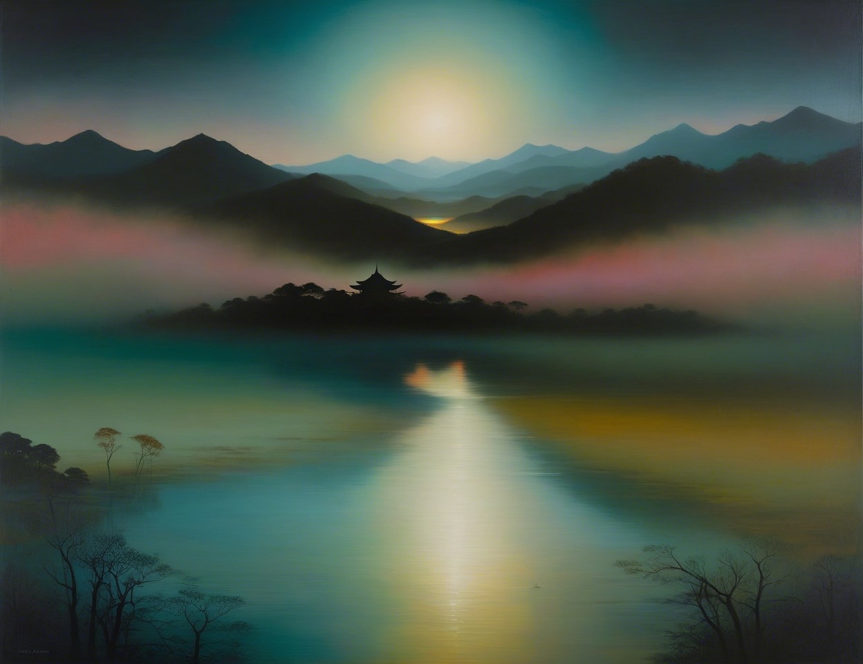 Misty Mountains and Tranquil Lake Under Moonlight