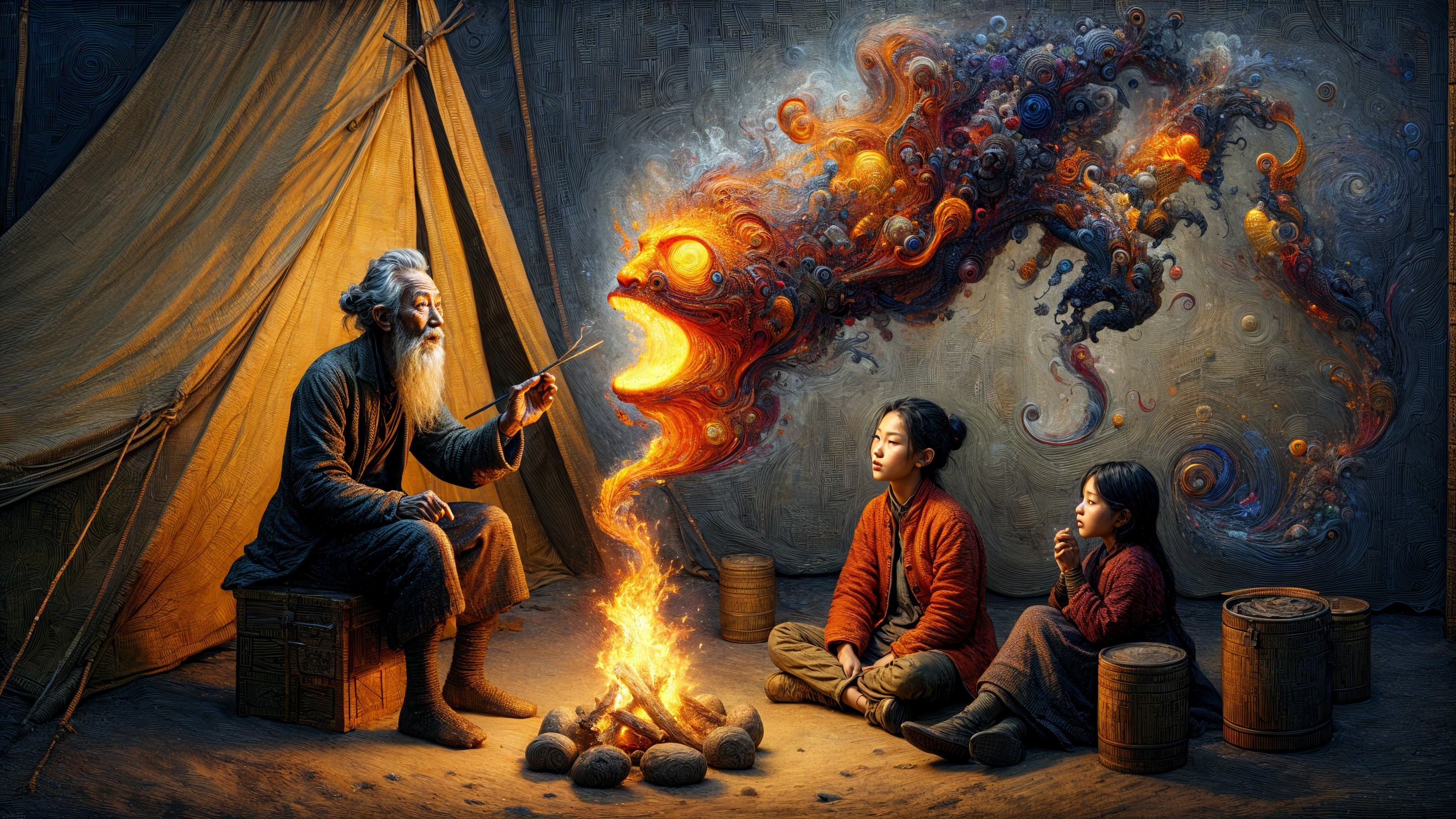 Elderly Storyteller Shares Tale by Campfire
