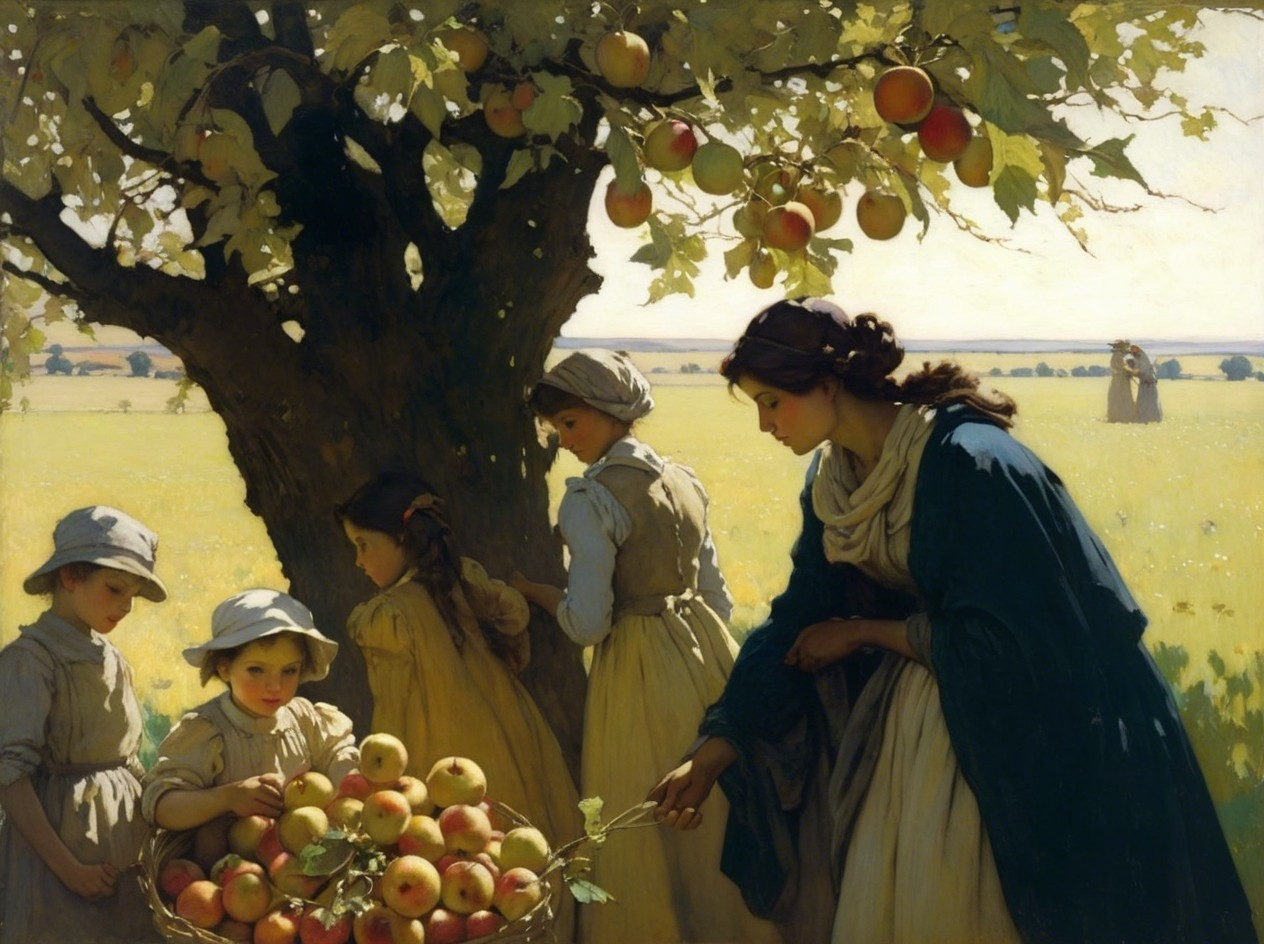 Serene Rural Apple Harvest Scene with Historical Attire