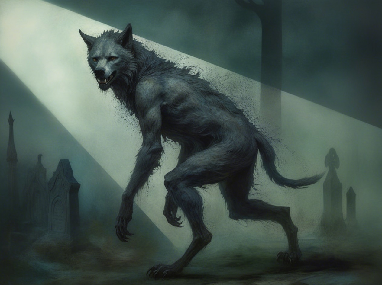 Werewolf in Foggy Graveyard Under Moonlight