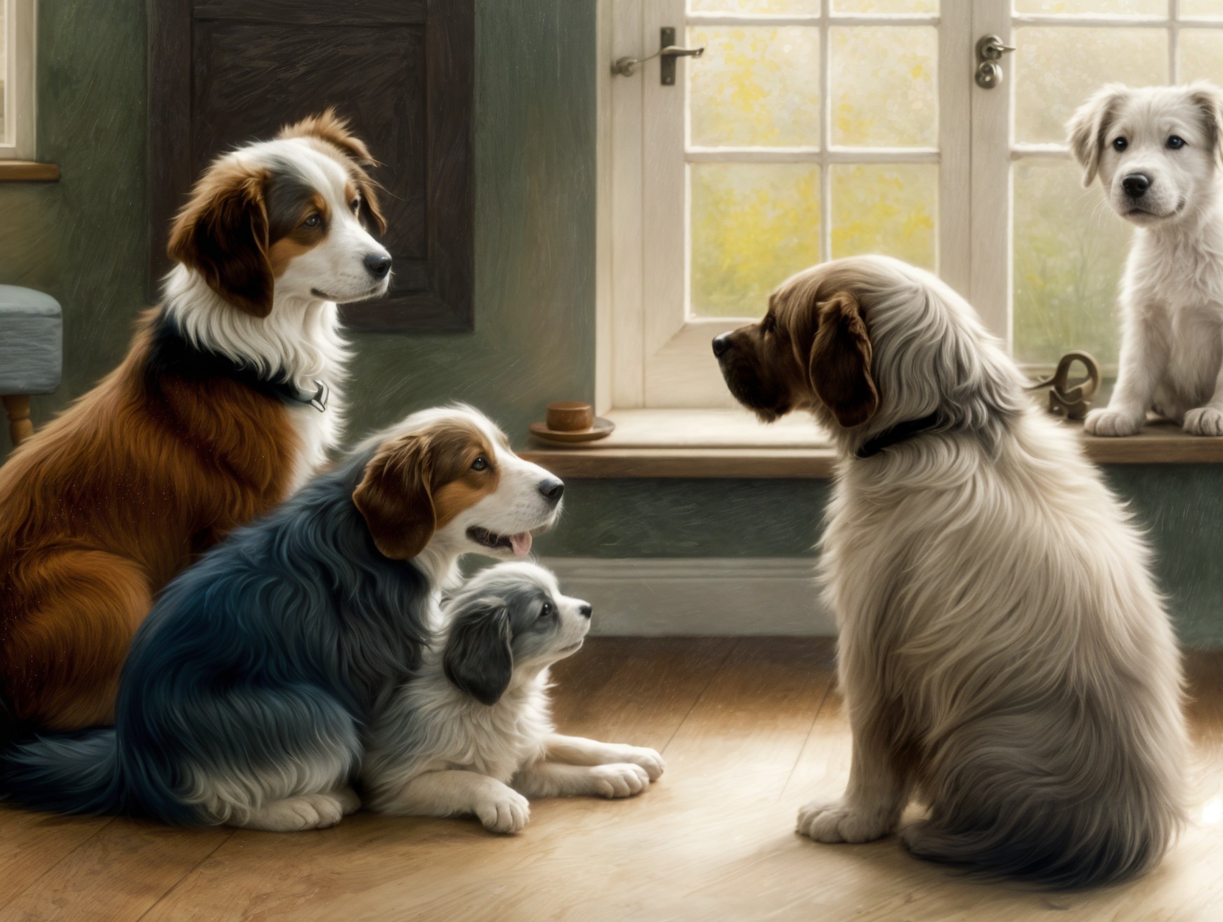 Four Dogs Interacting in a Cozy Sunlit Room