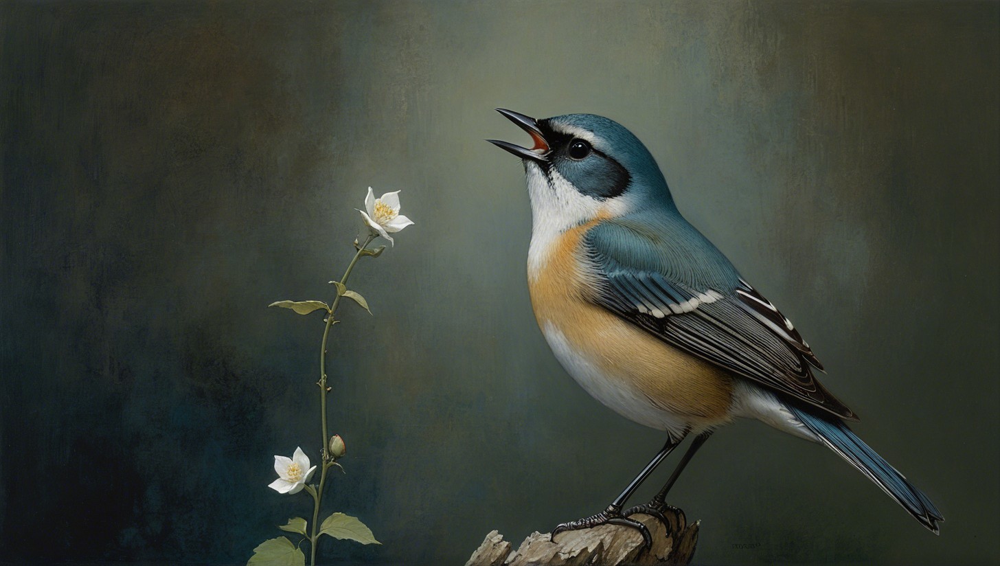 Painting of a varied tit on rough bark with flowers