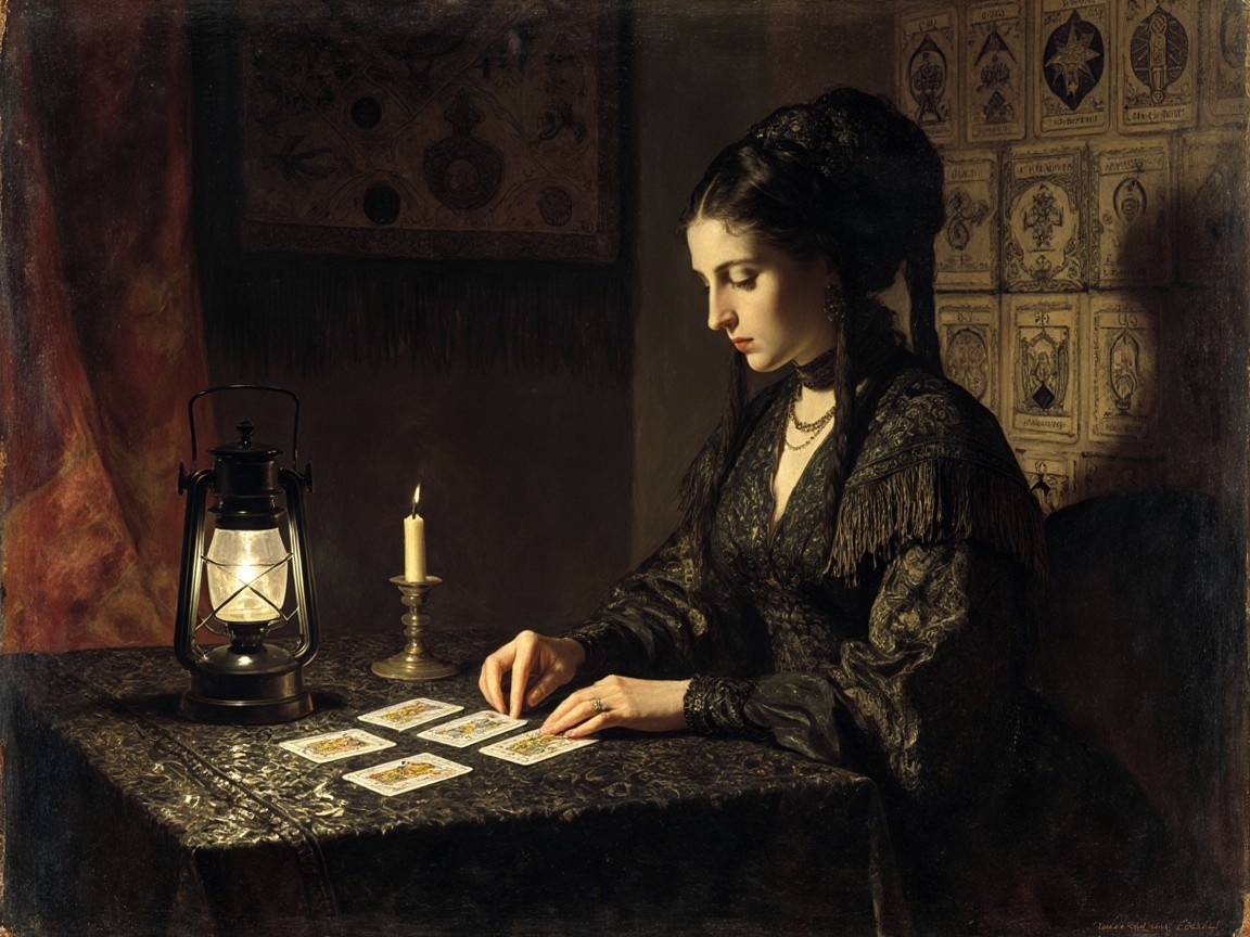 Victorian Woman Reading Tarot in Dimly Lit Room