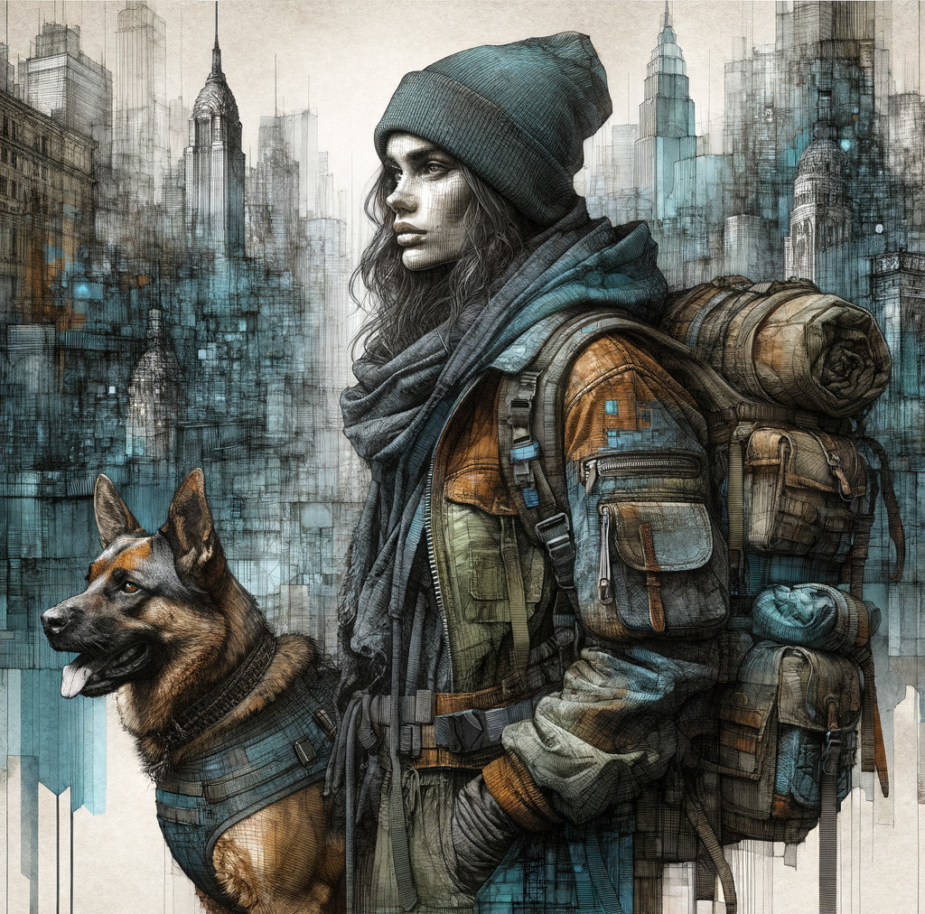 Young woman with dog in futuristic cityscape artwork