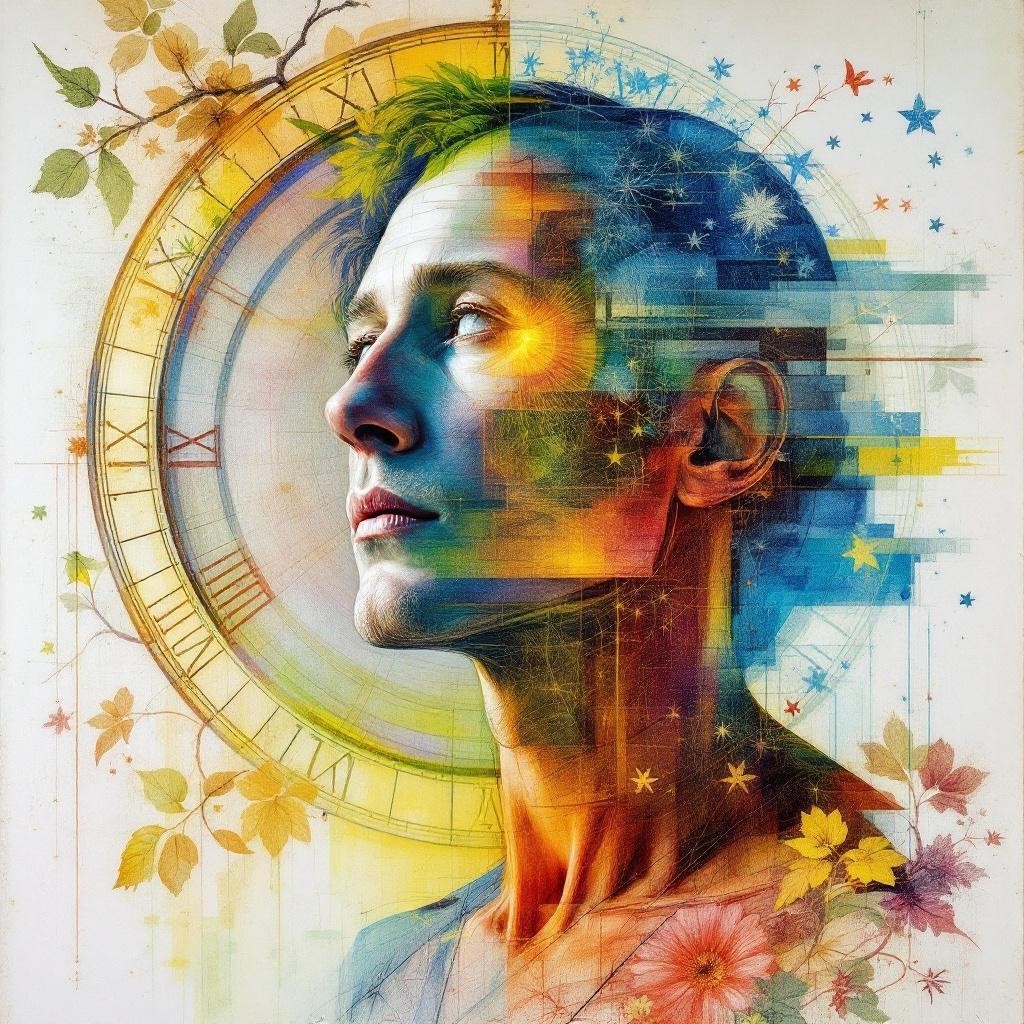 Vibrant Profile Art with Clock and Nature Elements