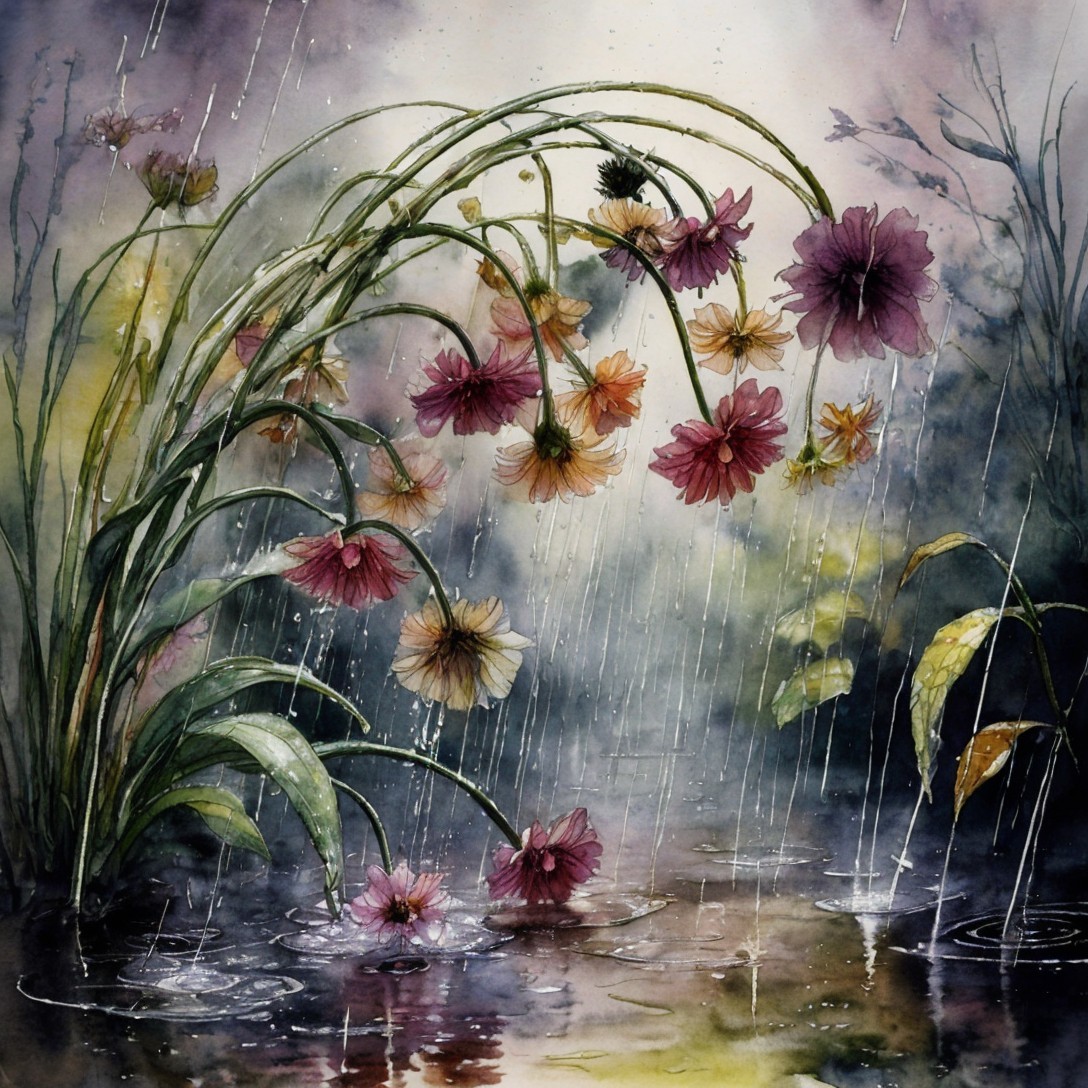 Watercolor Scene of Flowers by Reflective Pond