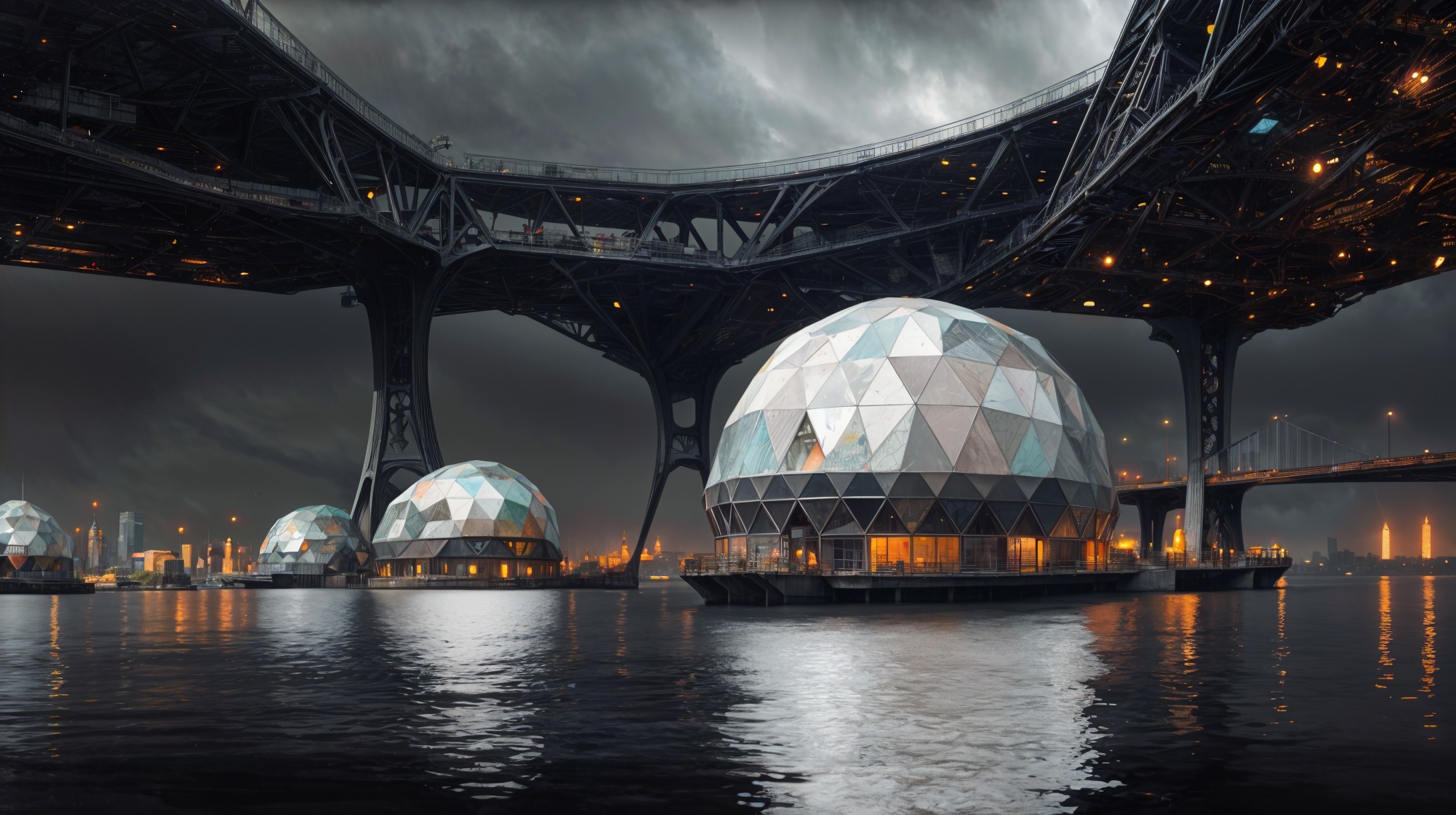 Futuristic Geodesic Domes Under Industrial Bridge