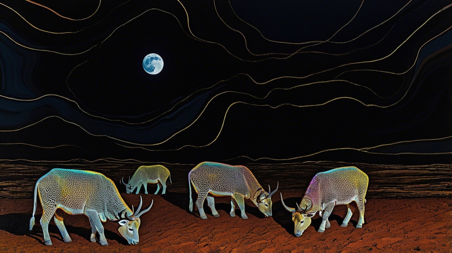 Stylized Night Scene of Four Glowing Bulls Grazing