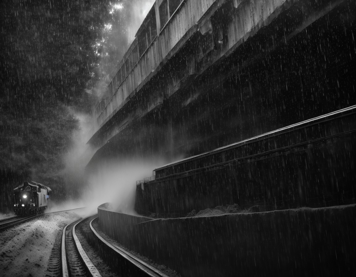Train on Curved Tracks in Dramatic Rainy Scene