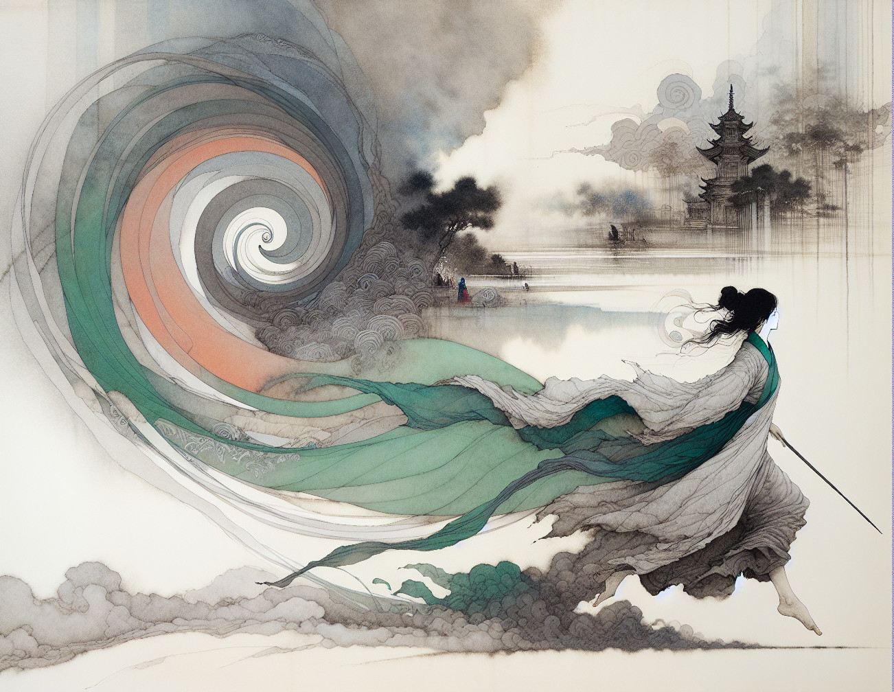 Serene Figure in Flowing Robes Against Ethereal Clouds