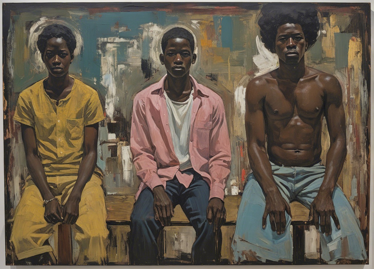 Three Figures on a Bench with Abstract Background