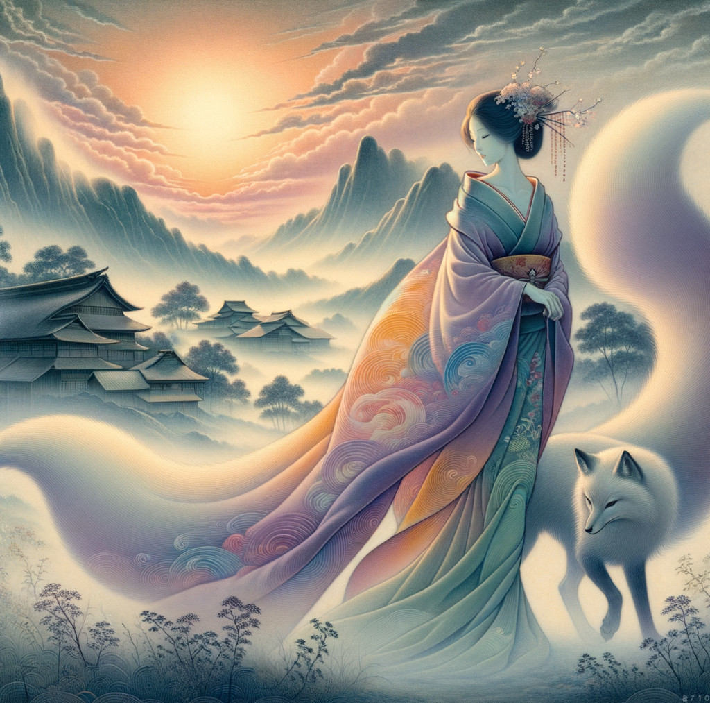 Serene Landscape with Woman in Colorful Kimono