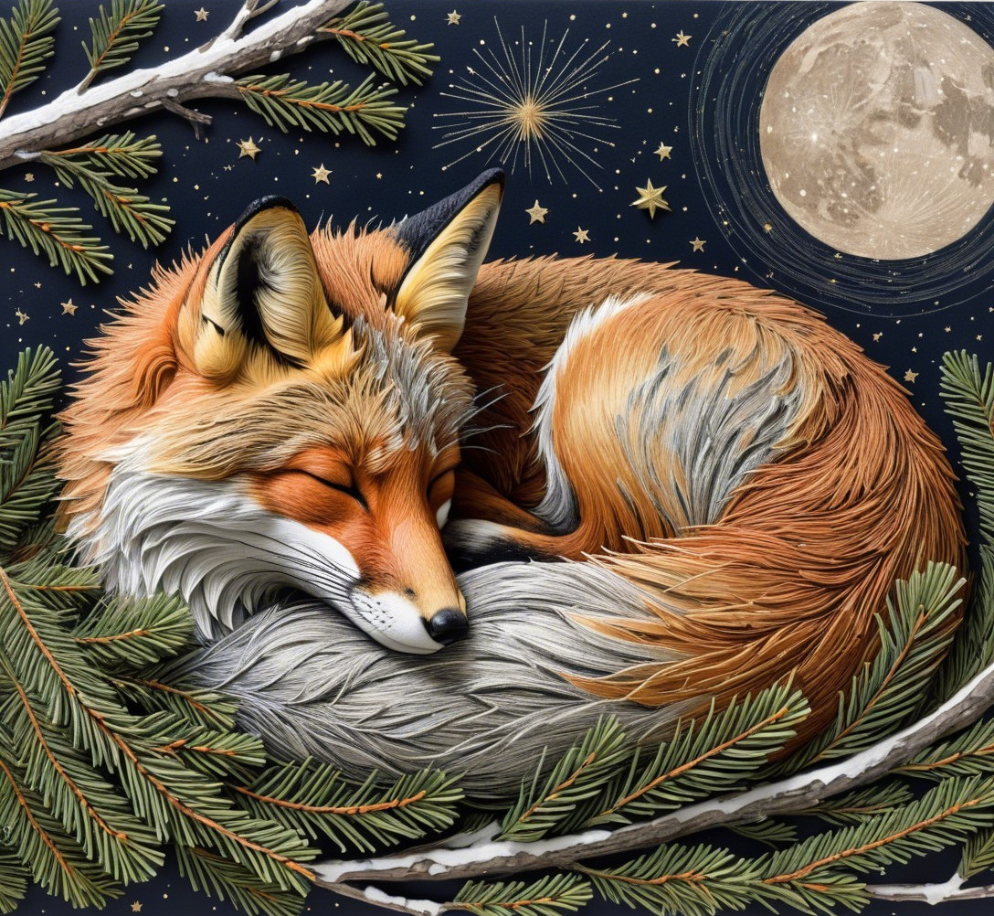 Sleeping fox among evergreen branches under moonlight