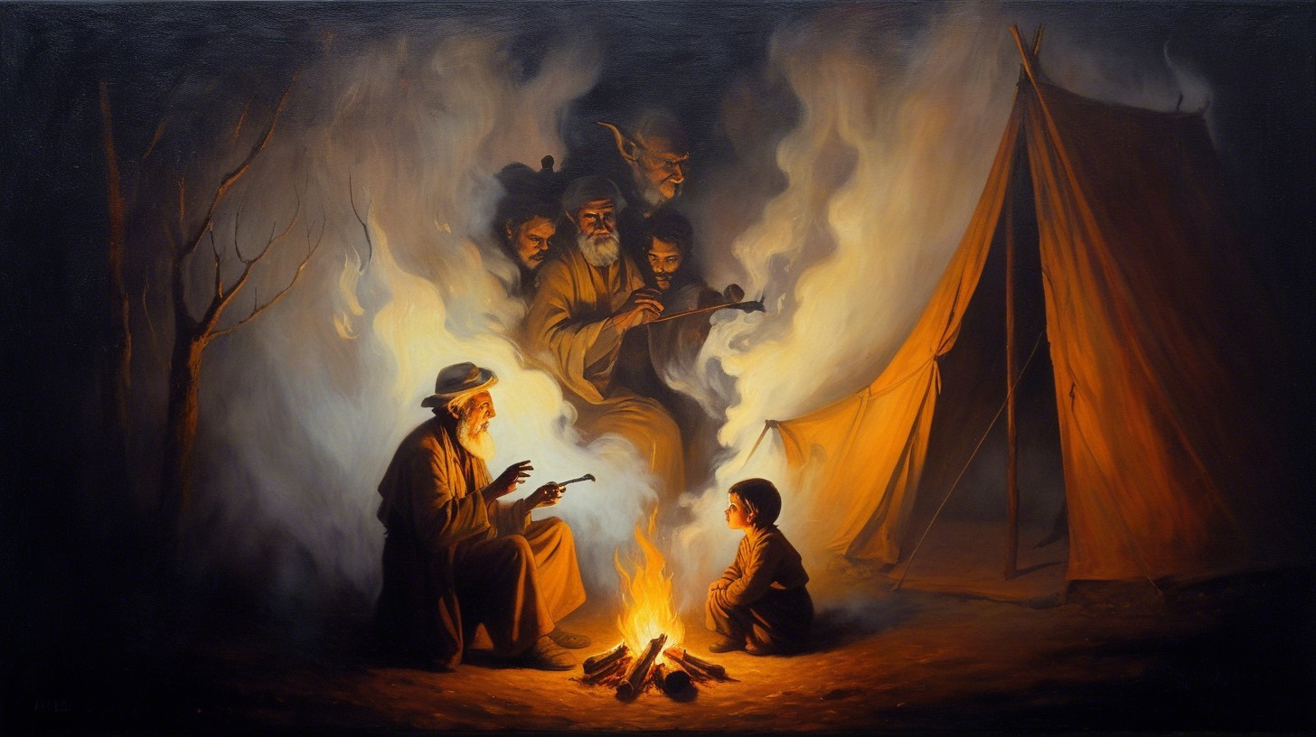 Elder and Boy Share Stories by Campfire Glow