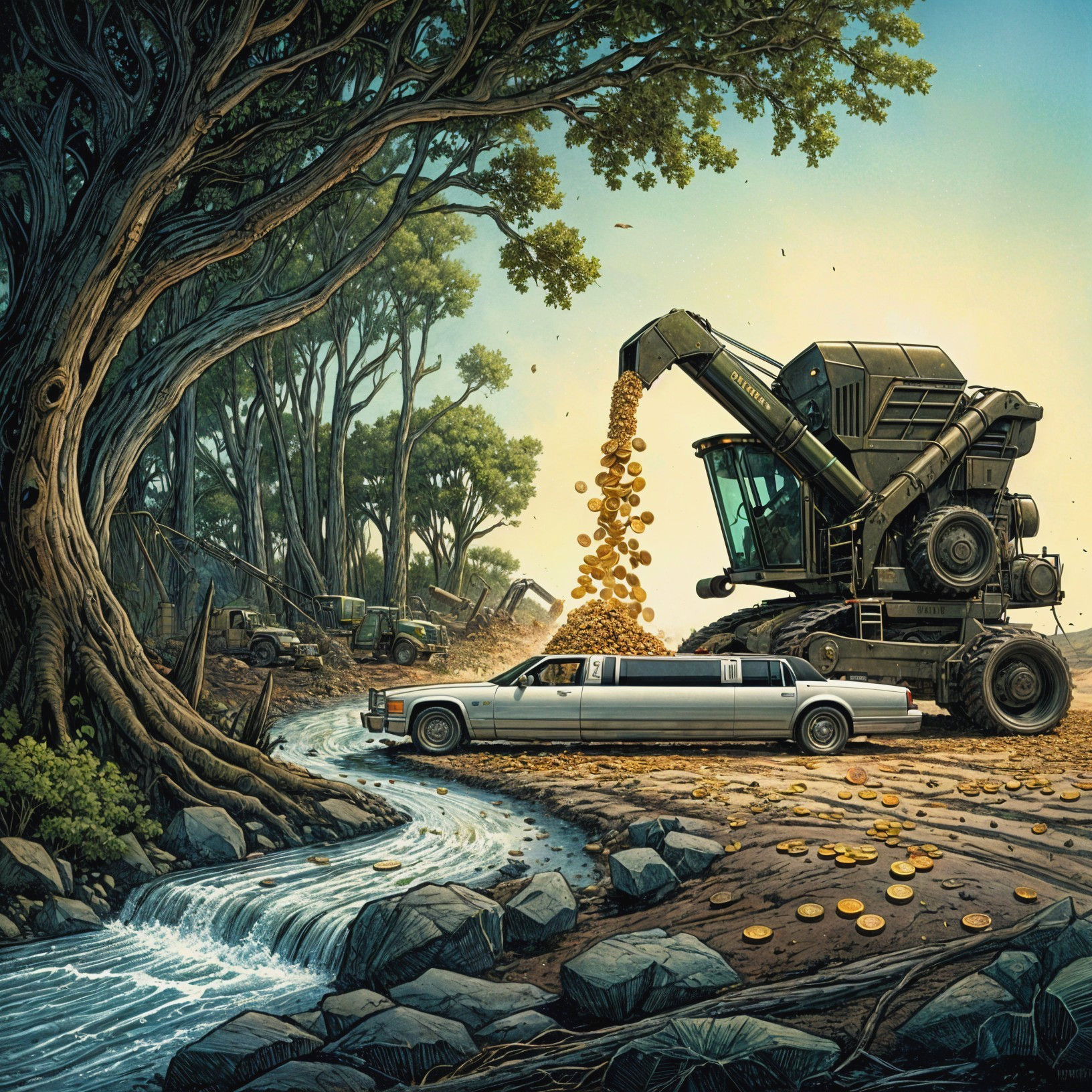 Surreal Scene of Limousine and Golden Coin Harvesting