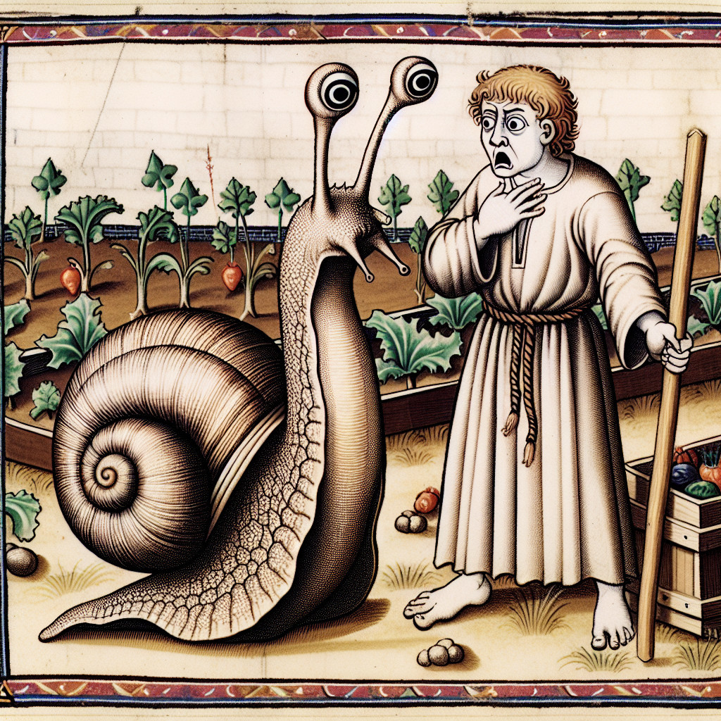 Medieval Scene with Giant Snail and Startled Figure